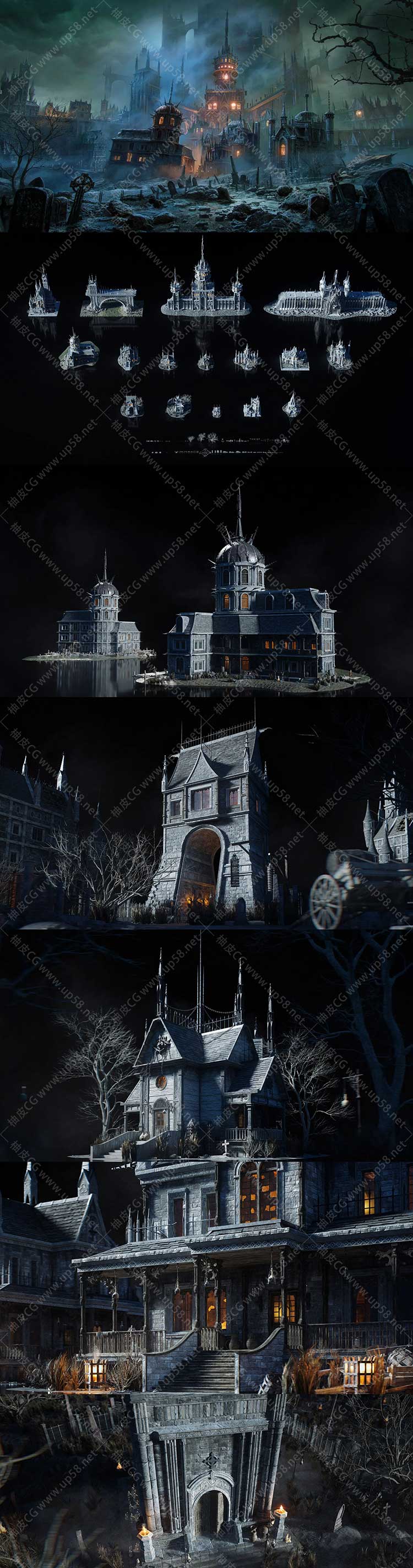 3DSMAX/MAYA/C4D/UE/UNITY/BLENDER/HOUDINI幽灵领域亡者世界哥特之境高级3D模型资产工具包