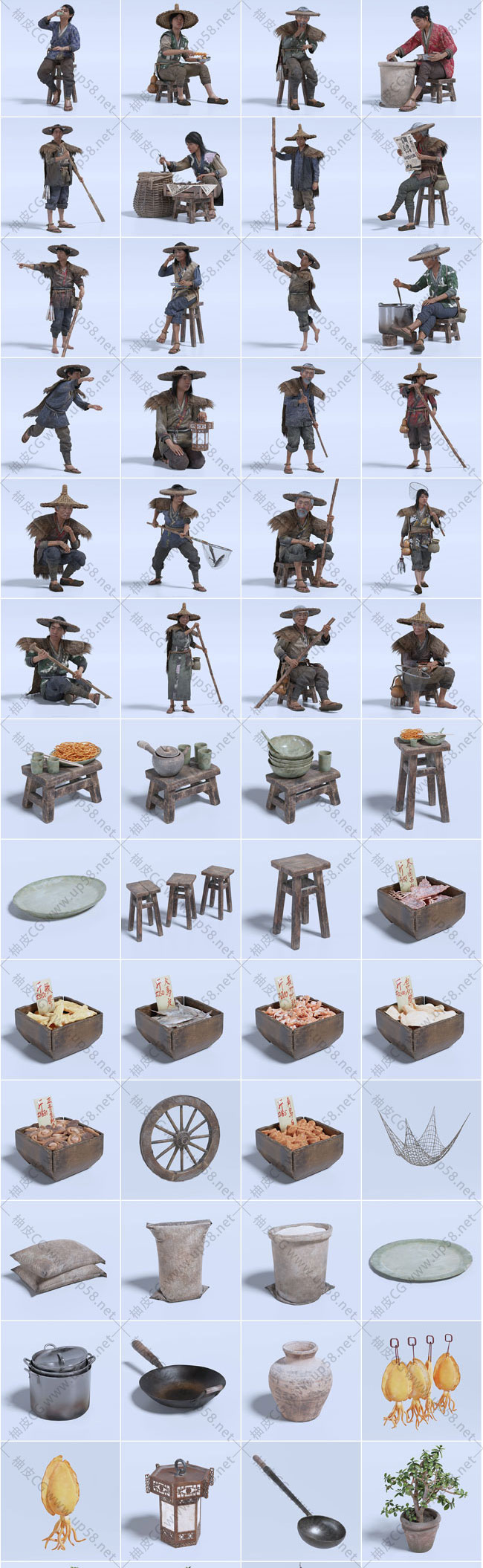 Blender海岛水乡建筑人物人群角色布景元素3D模型合集