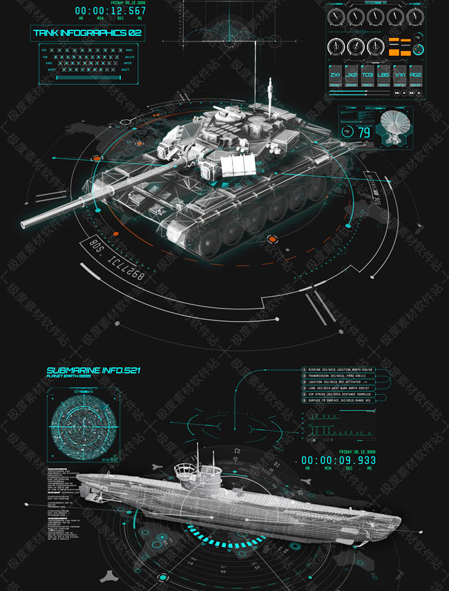AE模板 科幻感军事战机军舰坦克枪械雷达HUD图形动画屏显特效素材