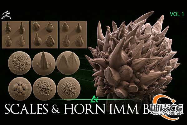 ZBrush怪兽恐龙角色模型龙角鳞片雕刻IMM笔刷合集