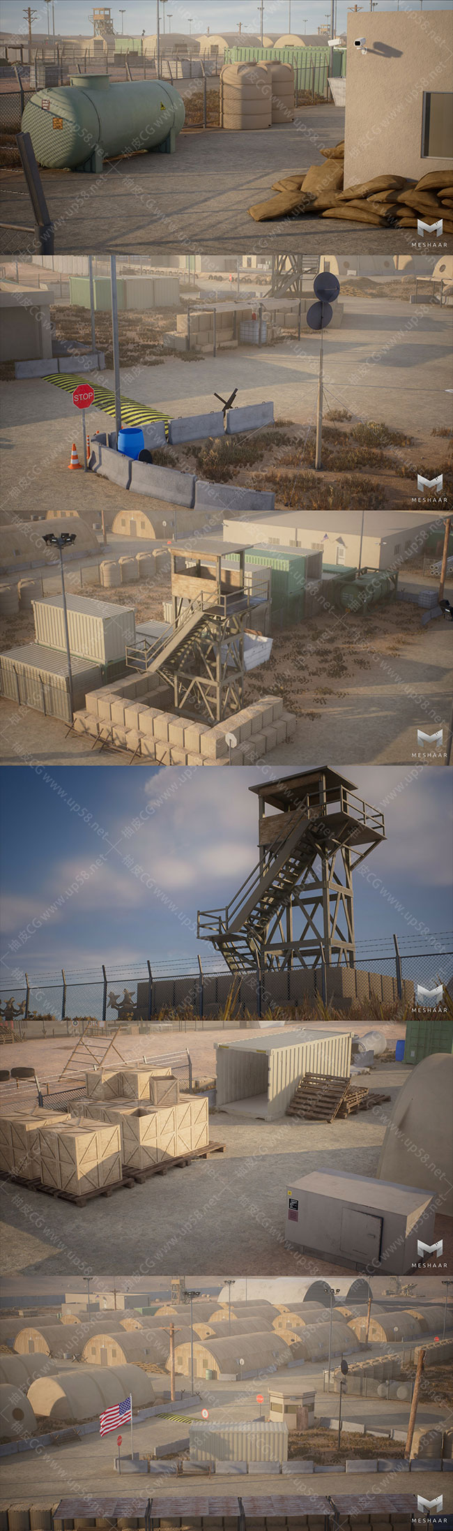 Unreal Engine军事基地建筑飞机库帐篷瞭望台3A资产