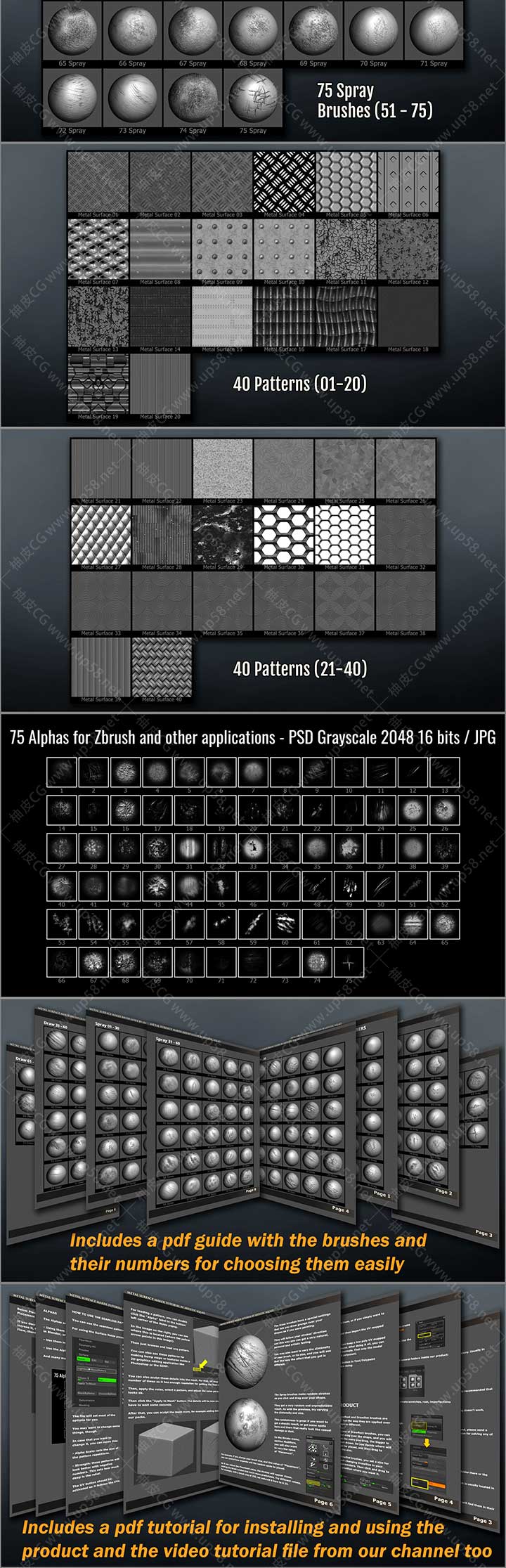 300种ZBrush金属锈迹划痕切割损伤瑕疵雕刻笔刷套件