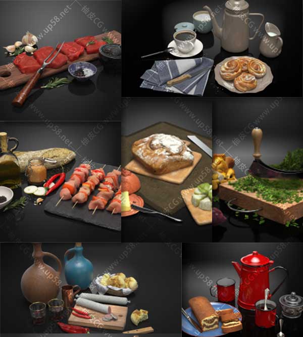 3DSMAX / C4D / VRay火腿核桃花生面板啤酒蔬菜甜点炊具3D模型