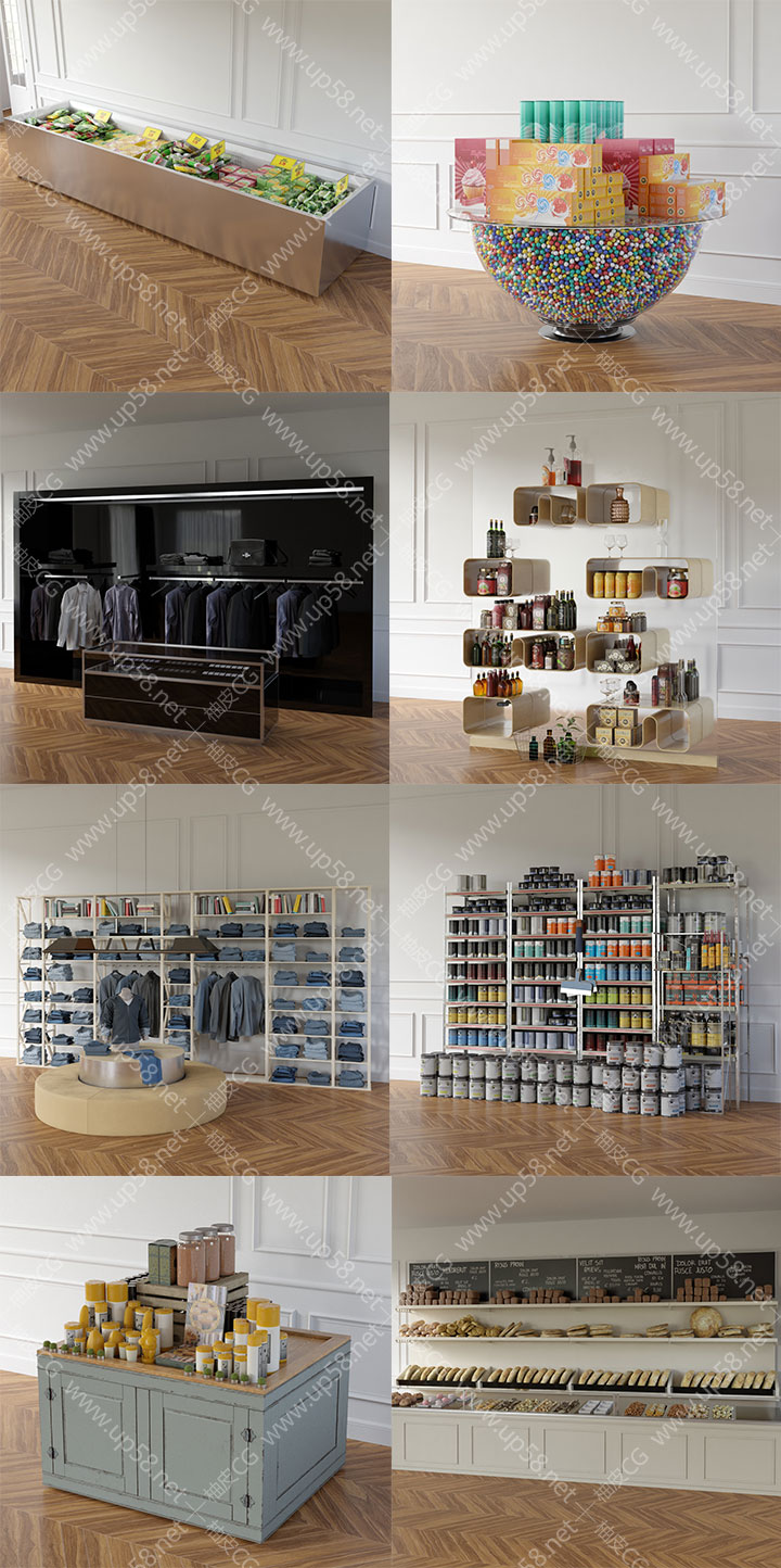 3DMAX C4D VRay超市货架冰柜瓜果蔬菜食材精细3D模型