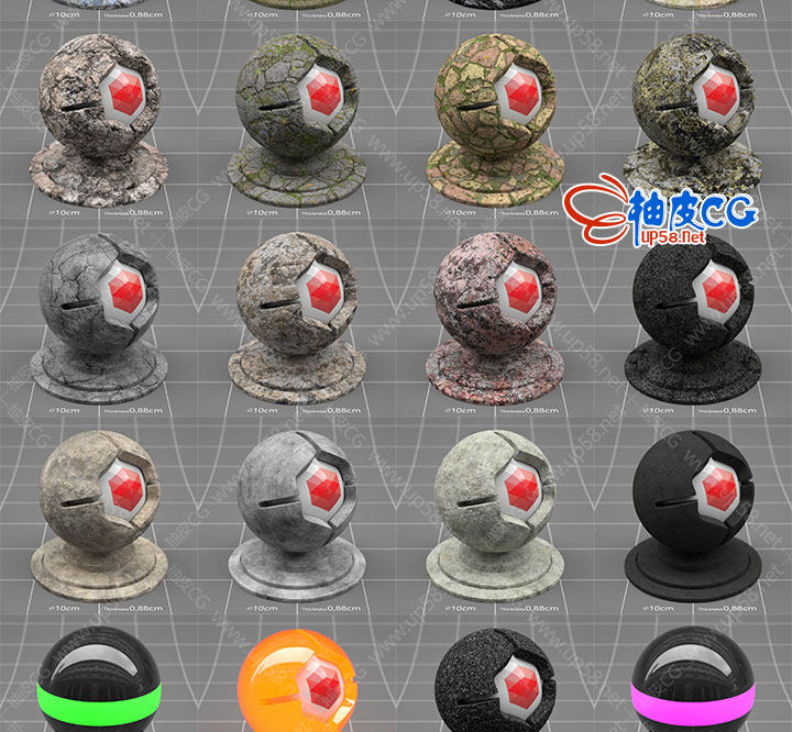 C4D红移Redshift金属皮革布料塑料陶瓷木地板大理石材质球素材库