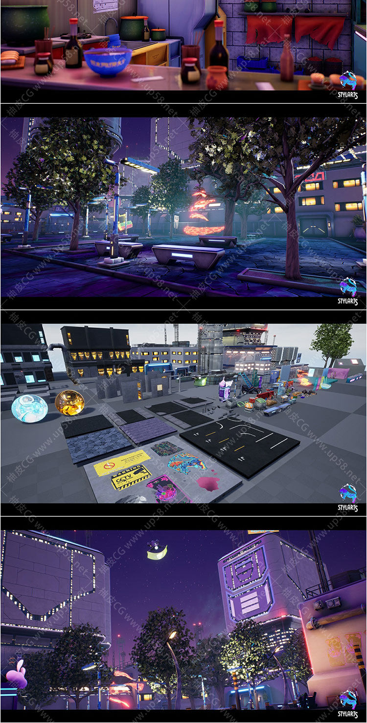 Unreal Engine模块化风格化赛博朋克街道环境资产包Modular Stylized Cyberpunk Street