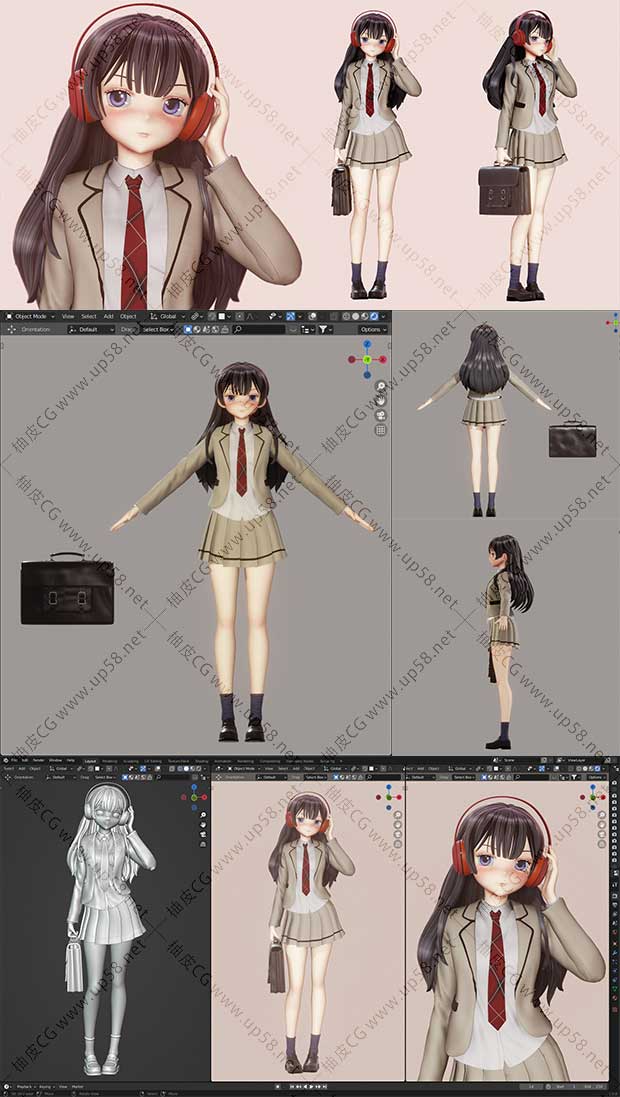 Blender创建动漫卡通女学生3D模型全流程视频教程