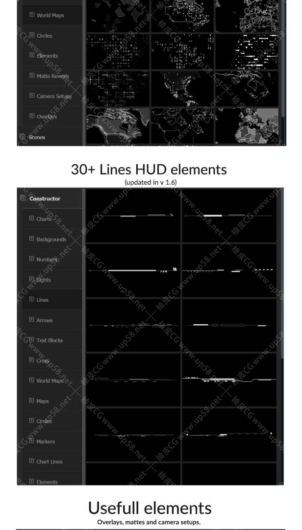 AE脚本 600+科幻HUD动态数字世界各国地图背景构造器图表标记元素
