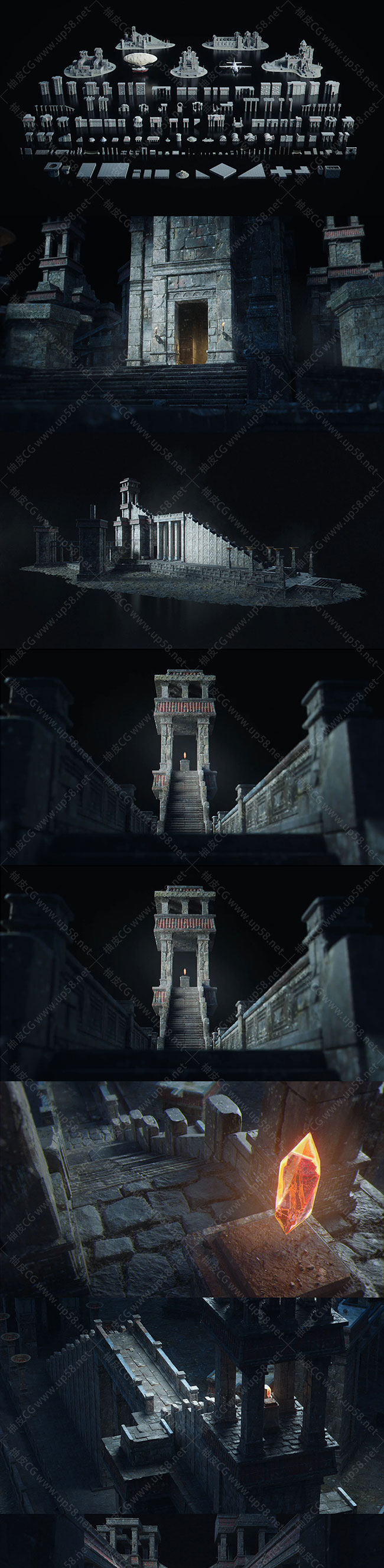 Blender神秘寺庙水渠柱廊墓穴宝箱古遗迹3D模型素材