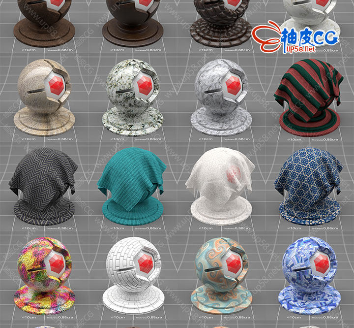 C4D红移Redshift金属皮革布料塑料陶瓷木地板大理石材质球素材库