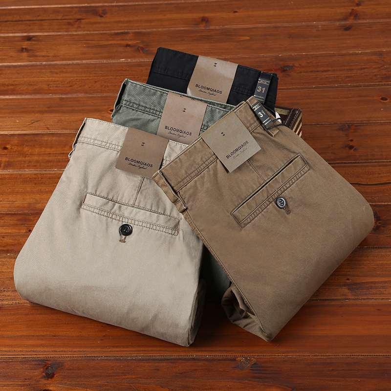 High-Quality Washed Pure Cotton Men's Pants, Summer Textured Twill, Durable and Not Easily Deformed, All-Cotton Army Green Casual Pants