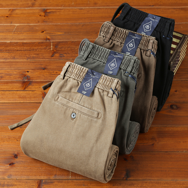 Men's Autumn and Winter 100% Pure Cotton Casual Pants, Thick High-End Twill Elastic Waist Drawstring Loose Straight-Leg Versatile Pants