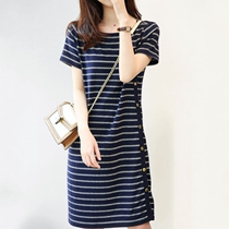 Europe station 2022 Summer new striped dress Dress Woman Loose slim mid length casual short sleeve T-shirt dress
