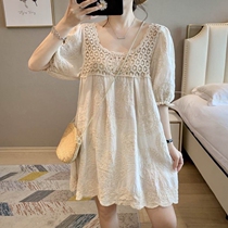 Tide card 2022 Summer new one-piece dress Women Han version loose Thin Hollowed-out Lace Short Sleeve T-shirt With Long Dresses