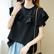 Tide Card Spring Summer New Black Snowspun Shirt Woman with small crowned lotus leaf edge splicing short sleeve round neck t-shirt loose blouse