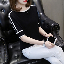 European Standing Ice Silk Short Sleeve T-Shirt Woman 2022 Summer New Body Slim Black Thin Knit Cardiovert Half Sleeve Blouse