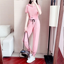Tide Card Fashion Casual Sports Suit Womens Summer New High Waist Display Slim Korean version lenient and reduced age foreign air Two sets
