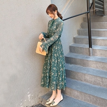 European station 2021 autumn new dress female elegant fashion Joker temperament round neck waist slim floral skirt