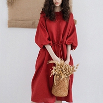 Tide card 2022 spring and summer new linen dress Dress Womans Lantern Sleeves Red Cotton Linen With a Bottom Dress