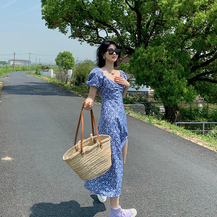 法式连衣裙短袖碎花裙泡泡袖