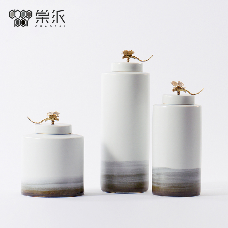 New Chinese simple dragonfly lid handle ceramic storage jar ornament creative interior home foyer entrance soft decoration