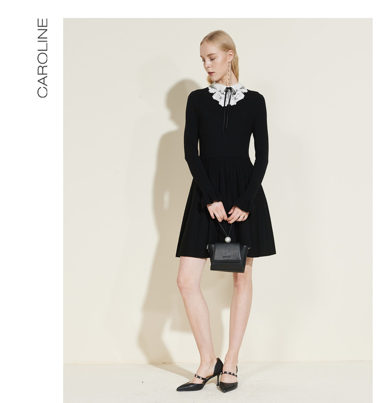 CAROLINE / Carolyn 2018 Mùa đông mới Bảng điều khiển ren dài tay áo dài ECR8DD15 đầm dự tiệc cho người mập bụng