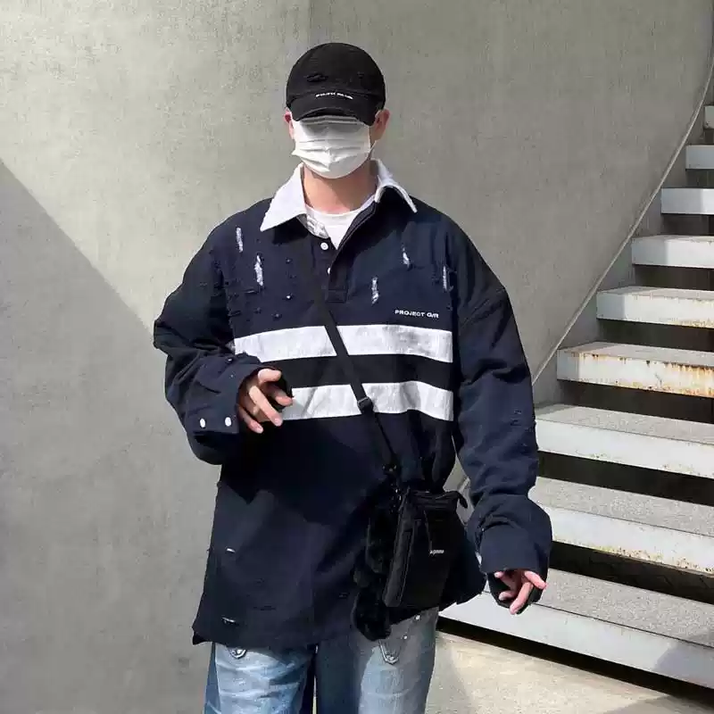 Grailz Project GR 23SS 脏染做旧破坏Polo长袖OS双层衬衫