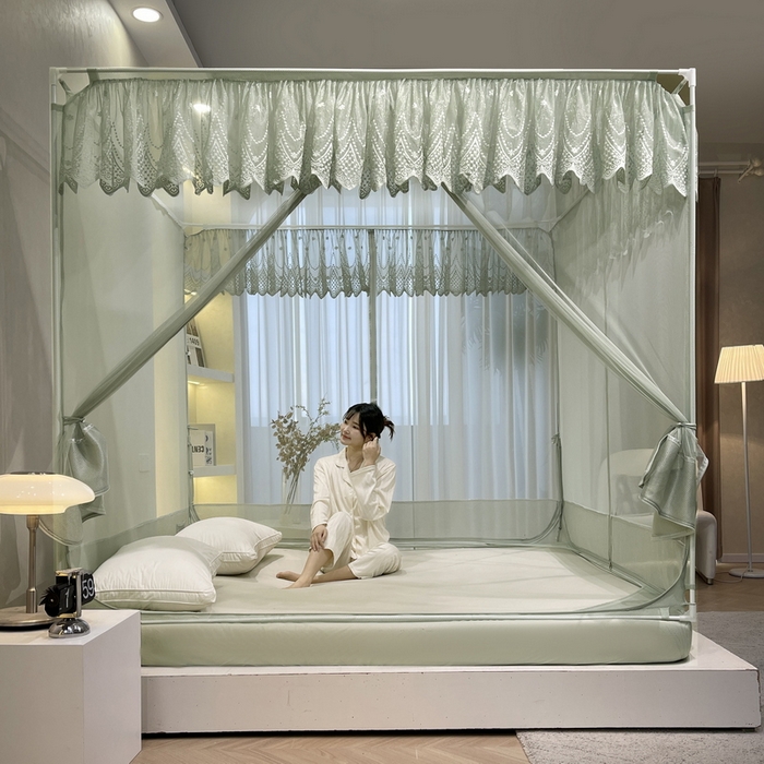 Bed-hat type T U outside wearing pole sitting bed mosquito net bedroom Three open door Back to bottom Baby anti-fall bed Palace Embroidery Mosquito Nets-Taobao