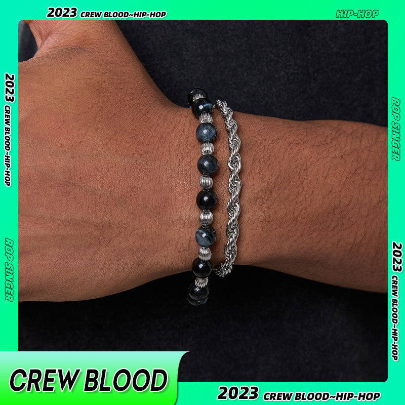 Crew European and American Blue Tiger Eye Stone Bead String Layered Double-Layered Twist Bracelet for Men, Niche Hip-Hop Retro High-End Style