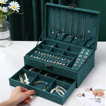 Dark green jewelry box multi-layer large capacity flannel drawer earrings earrings necklace jewelry box