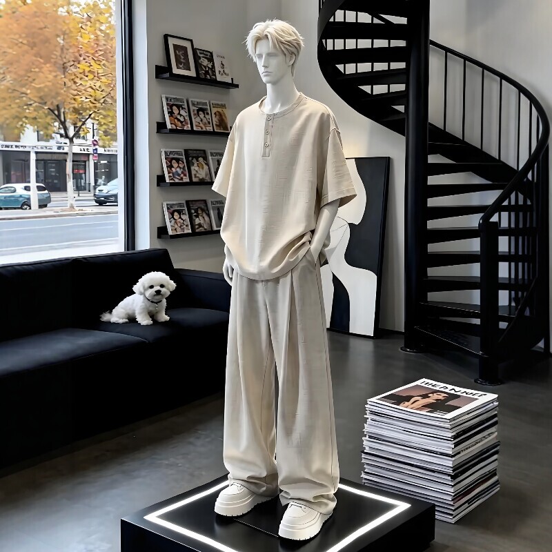 High-End Old Money Style Linen Suit for Men, Autumn 2026 New Trendy Brand, Henley Collar Short-Sleeve Shirt and Long Pants Two-Piece Set