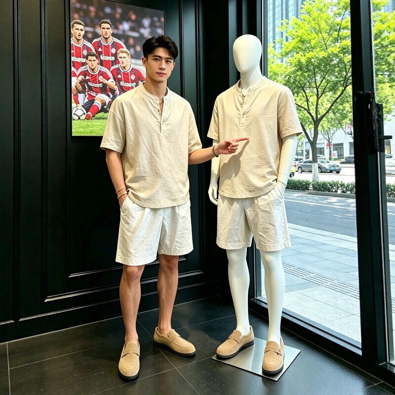 High-End Old Money Style Linen Suit for Men, Summer 2026 New Breathable Henry Collar Short-Sleeved Shorts Two-Piece Set