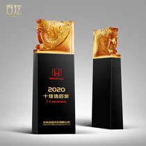 High-end glass trophy custom black creative leader crystal medal custom annual award souvenir lettering