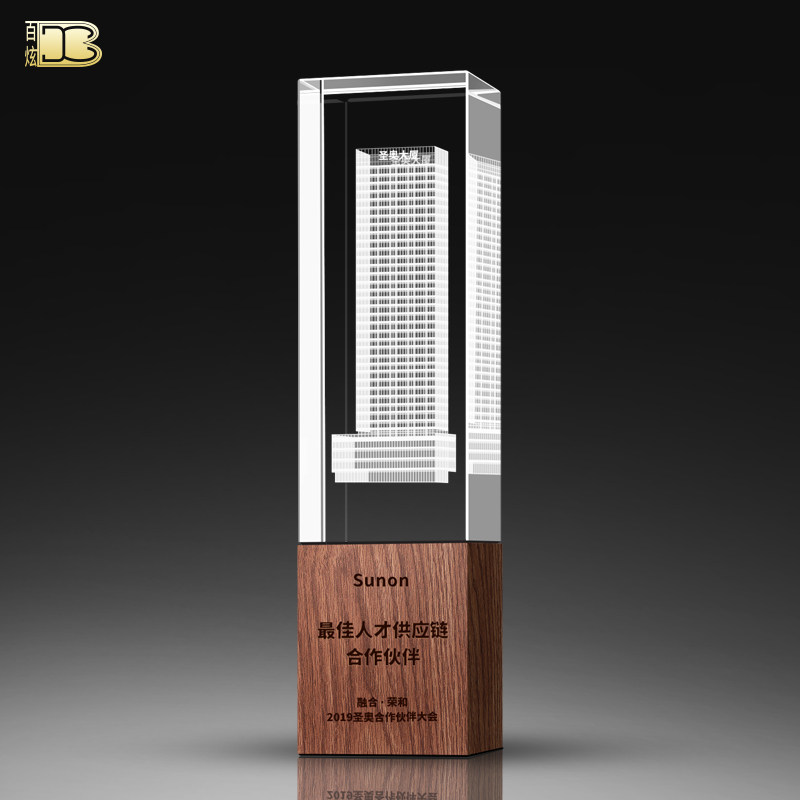 Crystal Trophy Custom Creative Magic Cube 3D Inner Engraving Building Solid Wood Trophy set to make real estate awards gift lettering