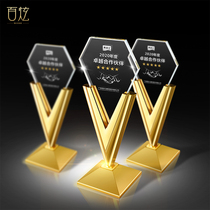 New Metal Trophy Customized Creative V-shaped Crystal Trophy Customized lettering Excellent Employees Annual Meeting Awards Gifts