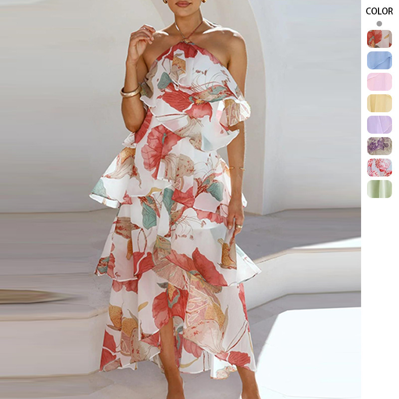 2026 New Cross-Border Off-Shoulder European and American Women's Fashion Chiffon Printed Fairy-Like Long Elegant Evening Dress