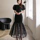 High-end custom ladies and ladies temperament elegant bubble short-sleeved slim fishtail swing lace long round neck dress