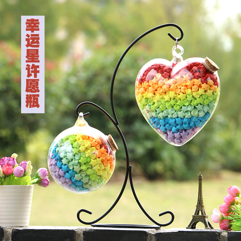 Loving Gift Stars Handmade Folding Paper Wood Stopper Glass Gift Bottle Round of Wishing Laminated Paper Tank Lucky stars Hanging Bottle