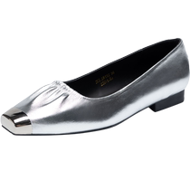Silver shallow mouth single shoes for women 2024 new summer low-heeled anti-kicking toe square toe one-step soft leather comfortable flat shoes
