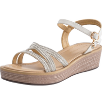 Wedge sandals for women 2024 summer new style rhinestone Roman shoes thick sole heightening small middle-aged and elderly mothers shoes