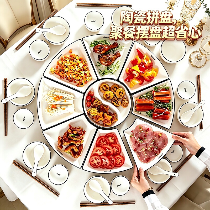 Tiktok Popular New Year Reunion Ceramic Platter Tableware Set, Creative Round Table Dish Set for Home Use Tiktok Popular New Year Reunion Ceramic Platter Tableware Set, Creative Round Table Dish Set for Home Use