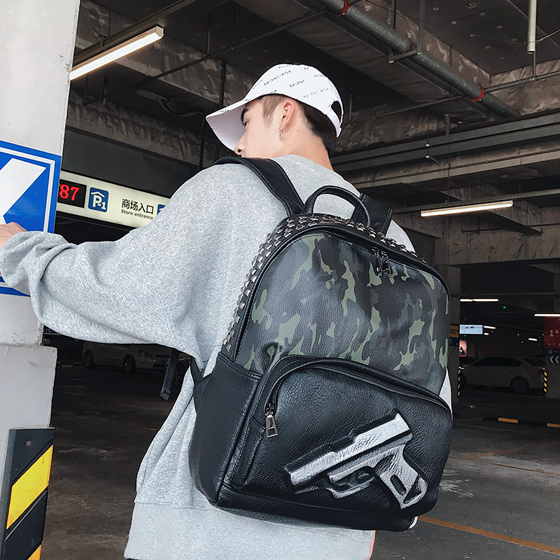 New Tide Men Genuine Leather Camaradal Fashion Scapegoat Rivets Cortical Double Shoulder Bag Casual Outdoor Travel Bag