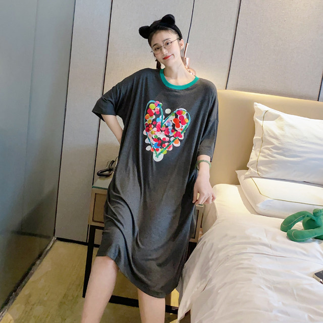 Contrast color love modal short-sleeved nightgown for women summer extra long ice silk thin loose sweet pajamas home clothes