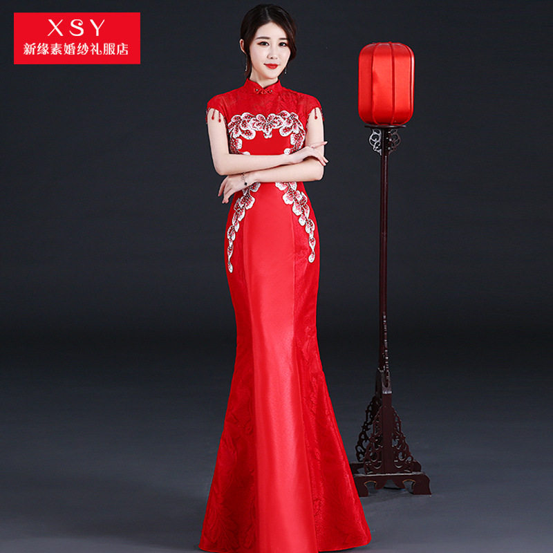 New performance improved cheongsam wedding toast clothing fashion spring embroidery fishtail tassel Qi to wrap hip dress sexy