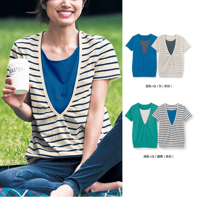 Japan foreign trade original single short sleeve T-shirt postpartum laced blouses (two pieces)