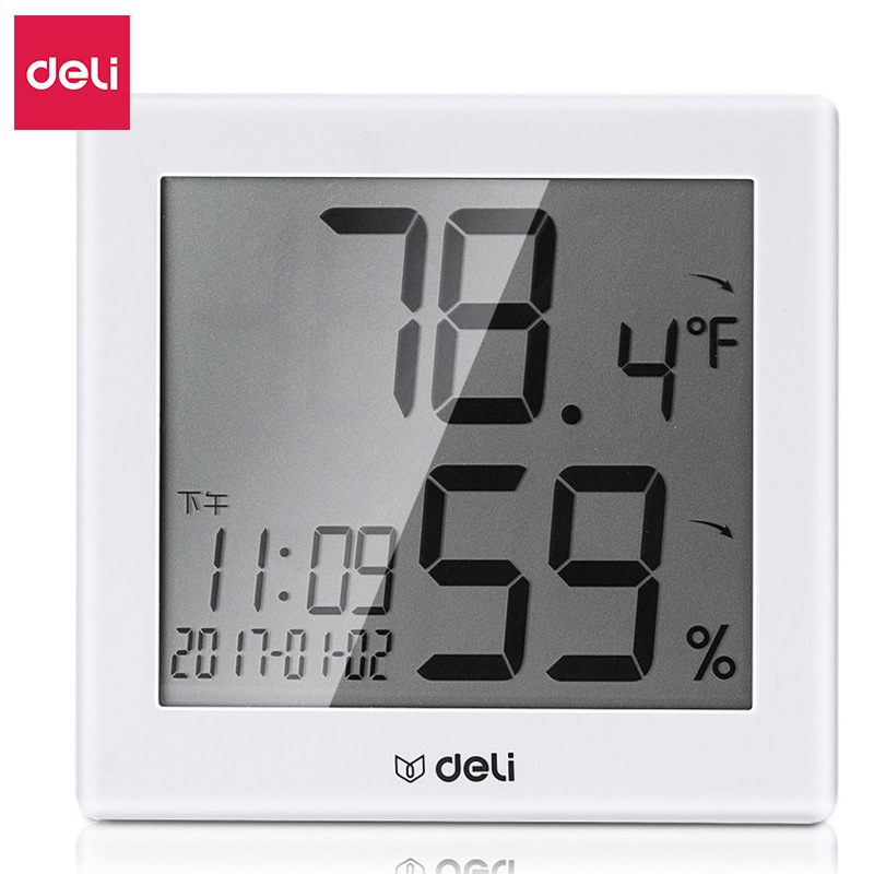 Deli 8813 electronic temperature and humidity meter student white-collar desk desktop simple electronic alarm clock thermometer