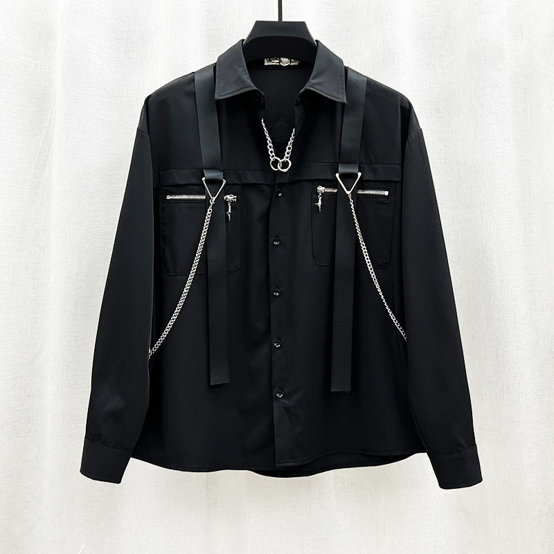 New High-End Niche Design Suspender Chain Shirt for Men, Trendy Brand ins Functional Workwear Loose Long-Sleeve Shirt