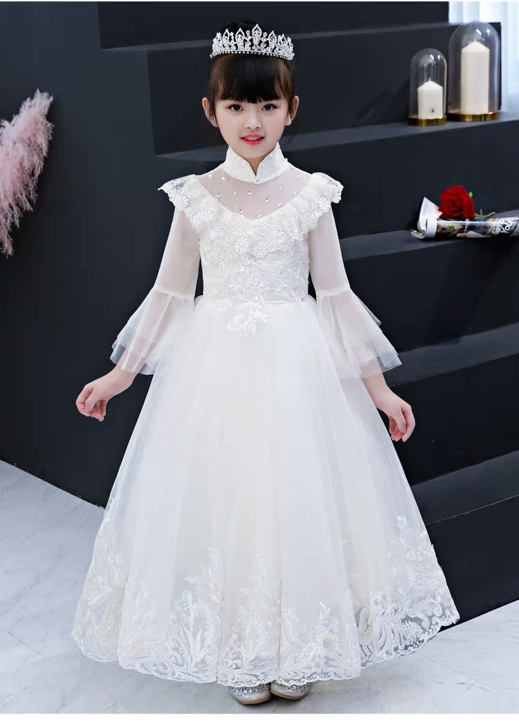 Váy cưới cô gái lớn màu trắng chủ nhà váy dạ hội công chúa váy hoa cô gái piano trang phục quý phái mùa thu đông váy đầm thu đông cao cấp bé gái