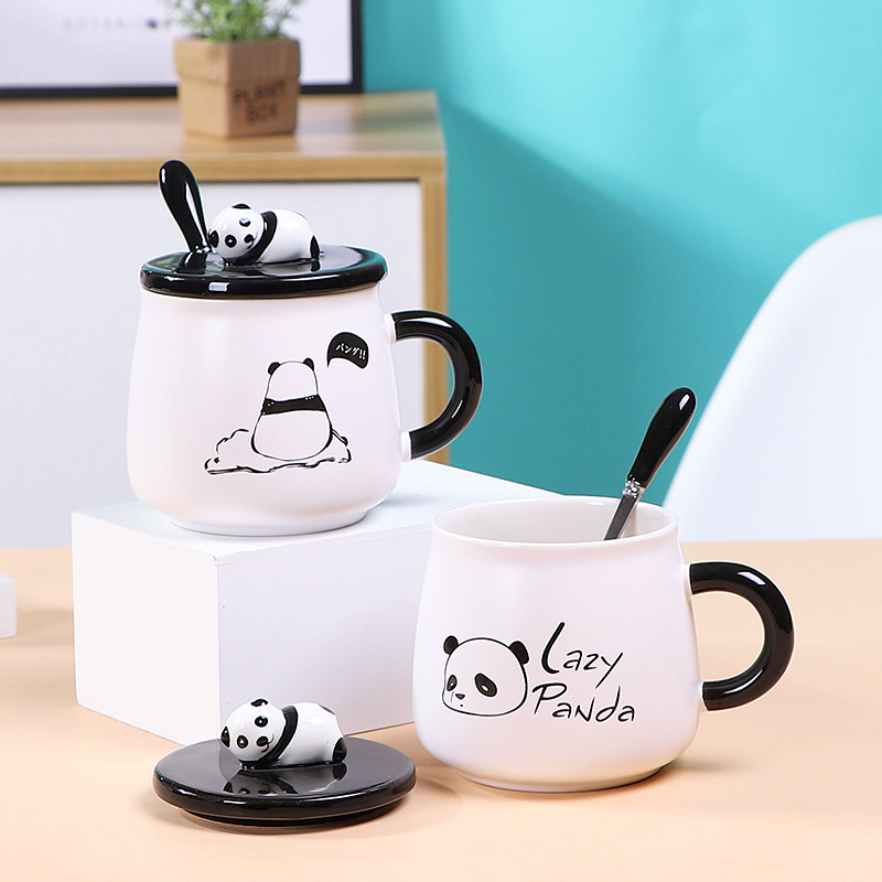 Cute super cute panda cup ceramic creative mug with lid spoon personality trend office coffee cup female