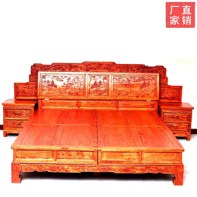 Chinese Ming-Qing imitation classical generation red yellow flower pear wedding solid wood rich and expensive hook tiger head step with high double shelf bed